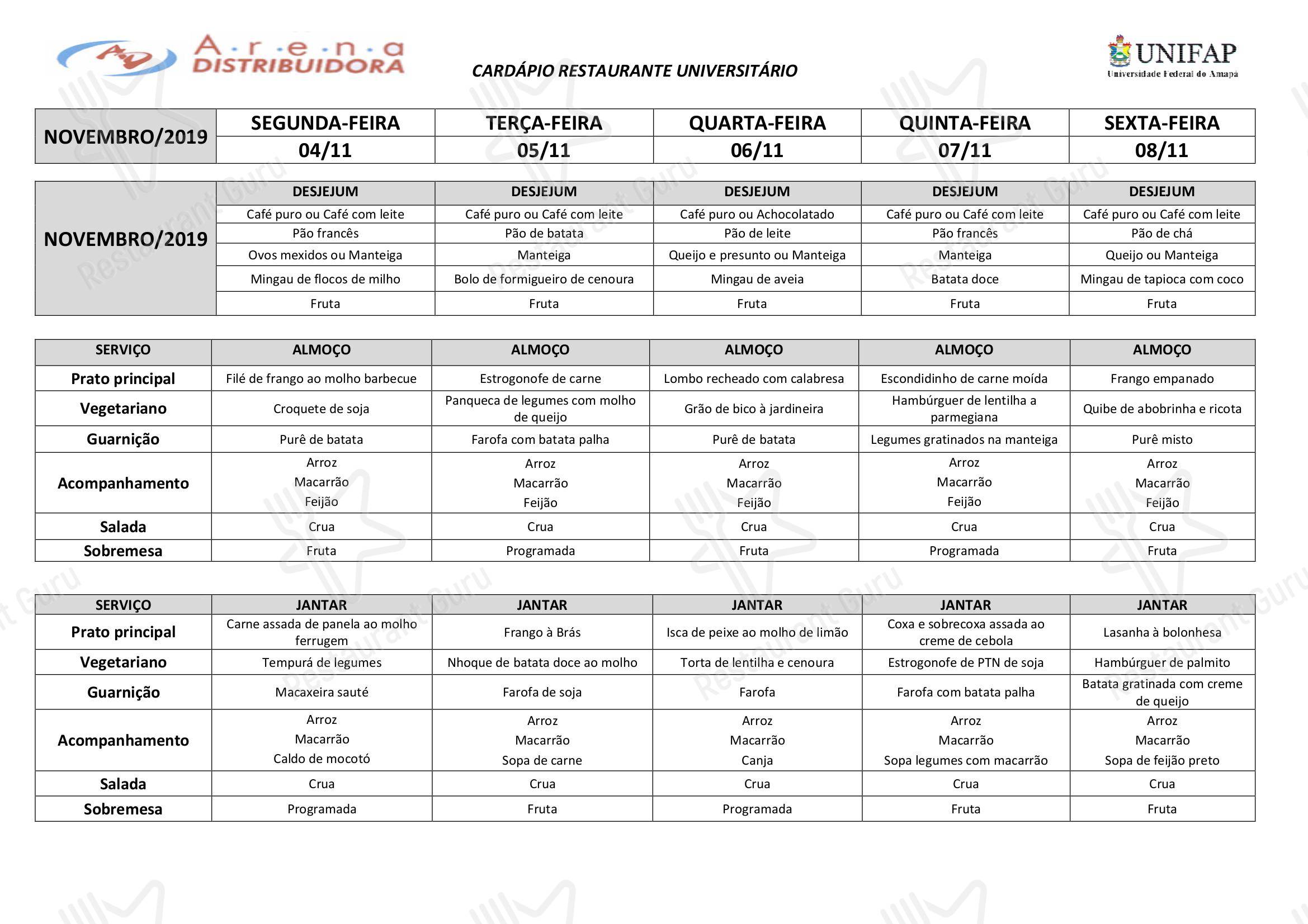 Dining Menu para Restaurante Universitário - UNIFAP restaurante