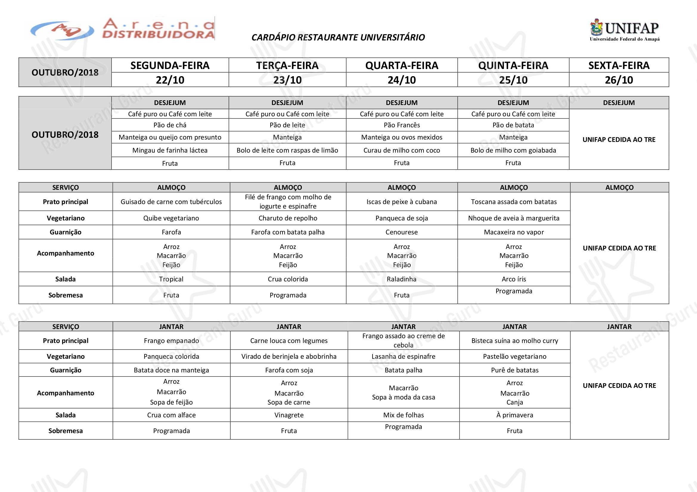 Restaurante Universitário - UNIFAP - Bistro Lunch Menu