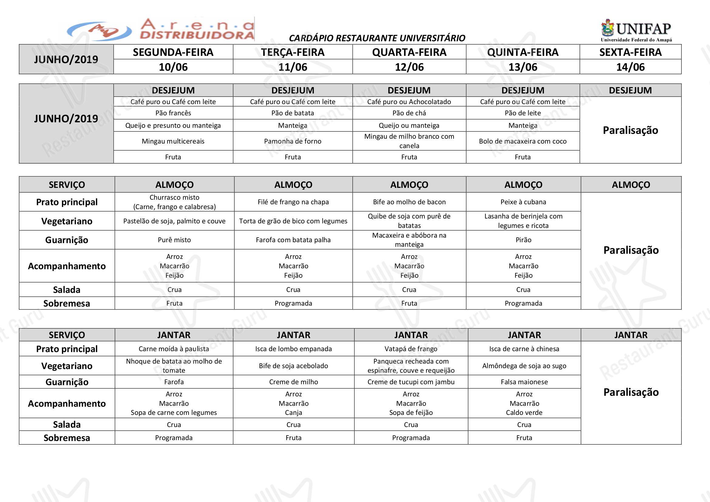 Restaurante Universitário - UNIFAP em Macapá - Lunch catering menu