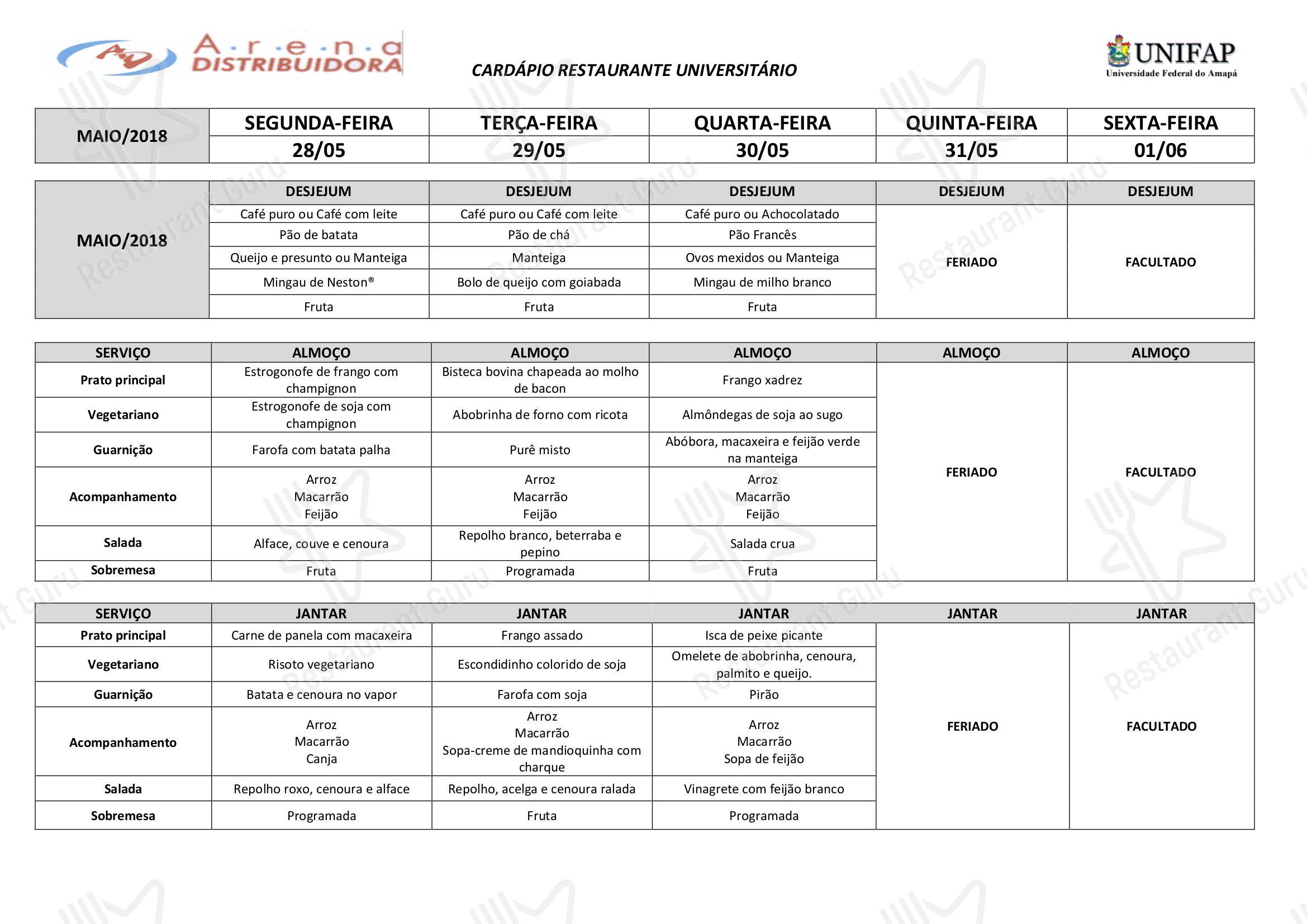 Restaurant Speisekarte para Restaurante Universitário - UNIFAP restaurante