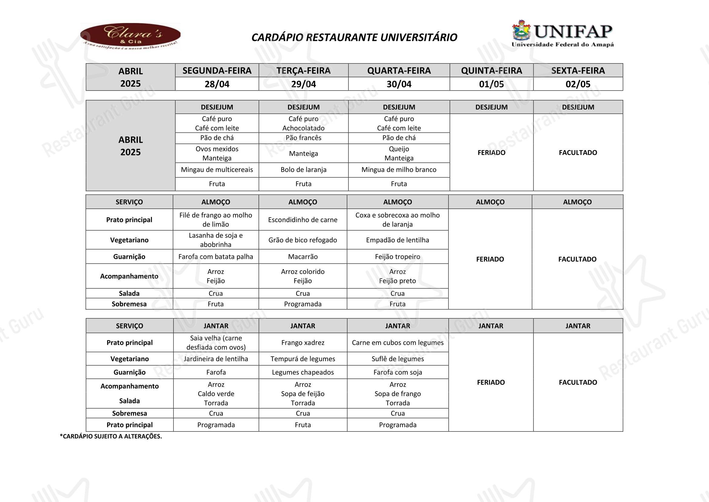 Restaurante Universitário - UNIFAP menu - Детское