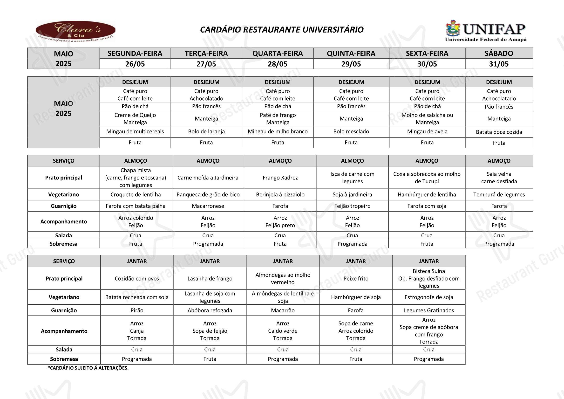 Menu para Restaurante Universitário - UNIFAP restaurante
