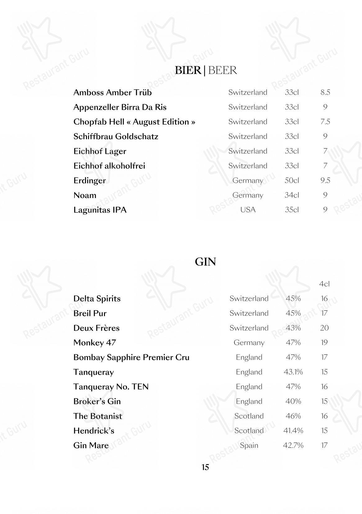 Menu per The Nest in Zurigo
