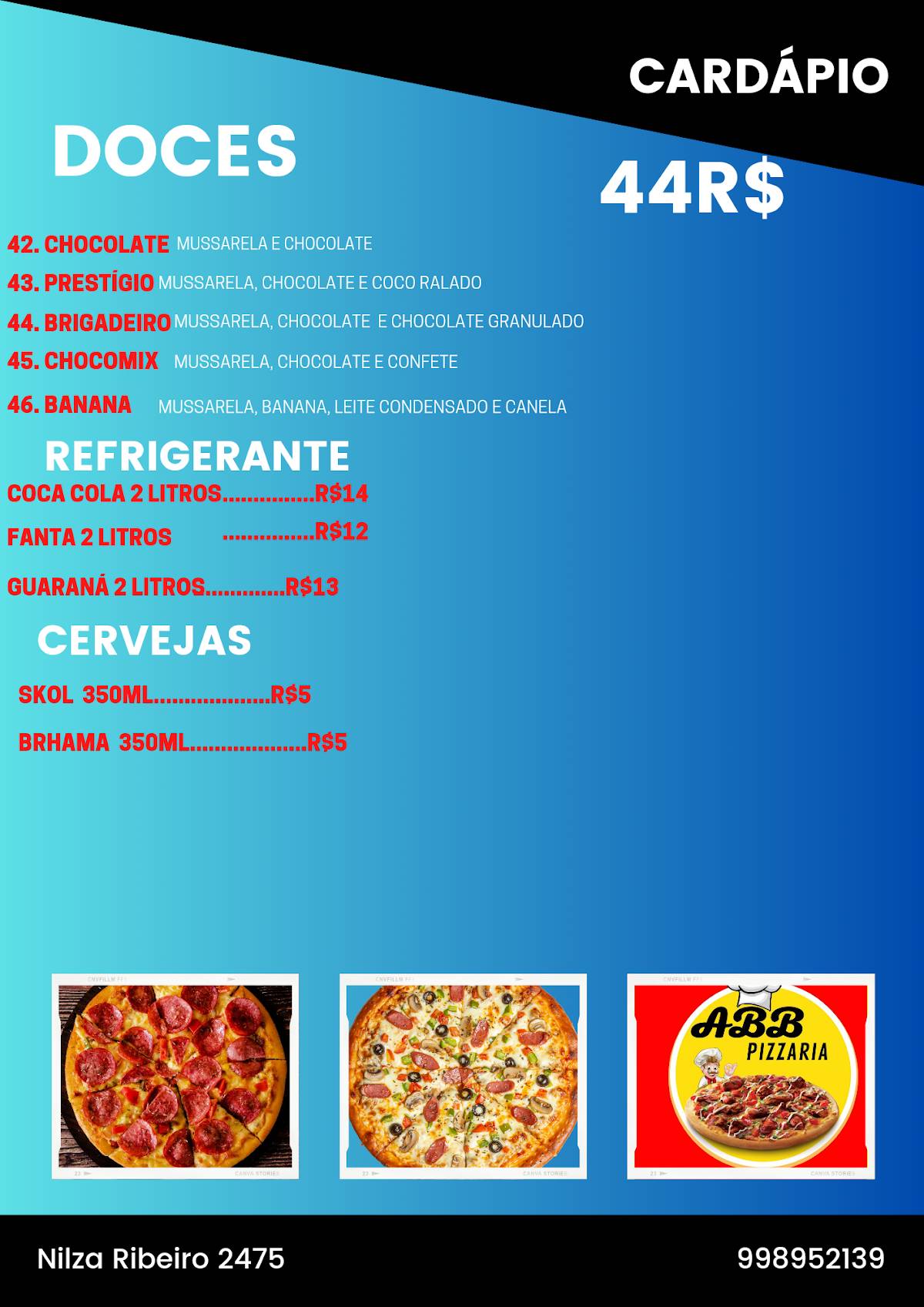 ABB PIZZARIA cardápio