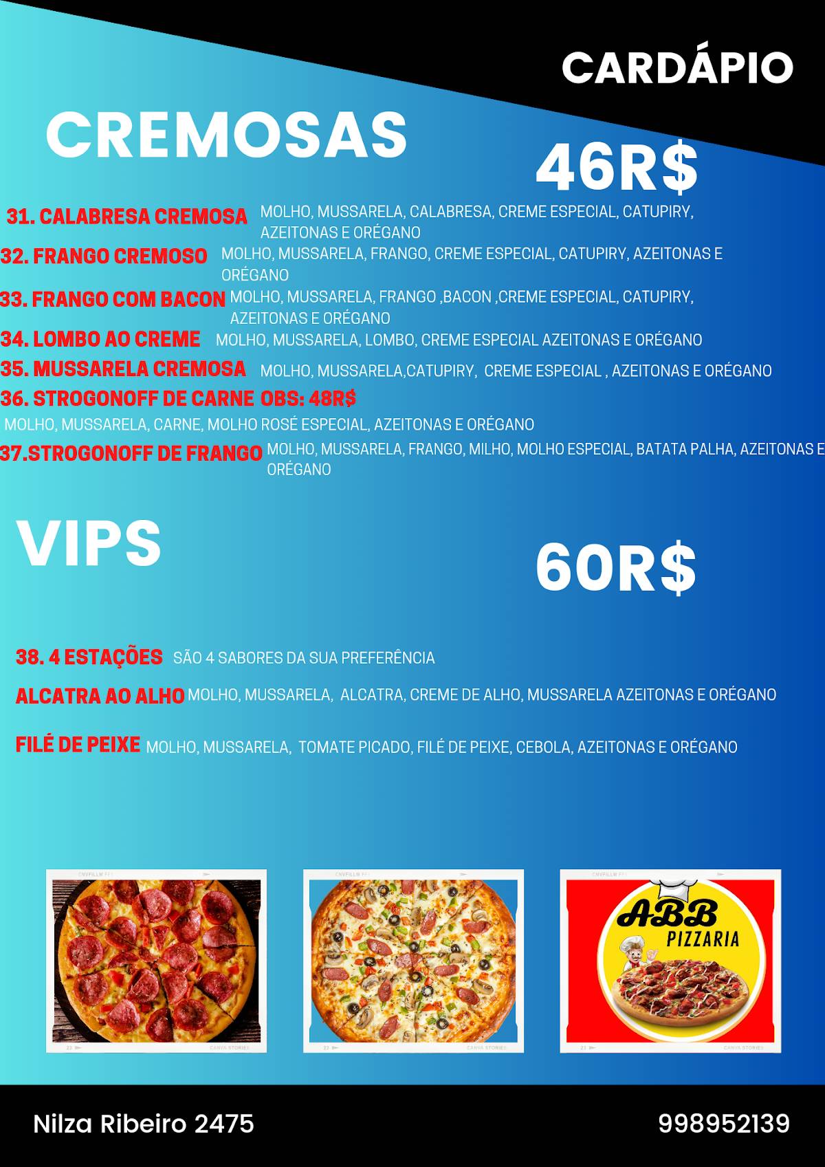 ABB PIZZARIA cardápio