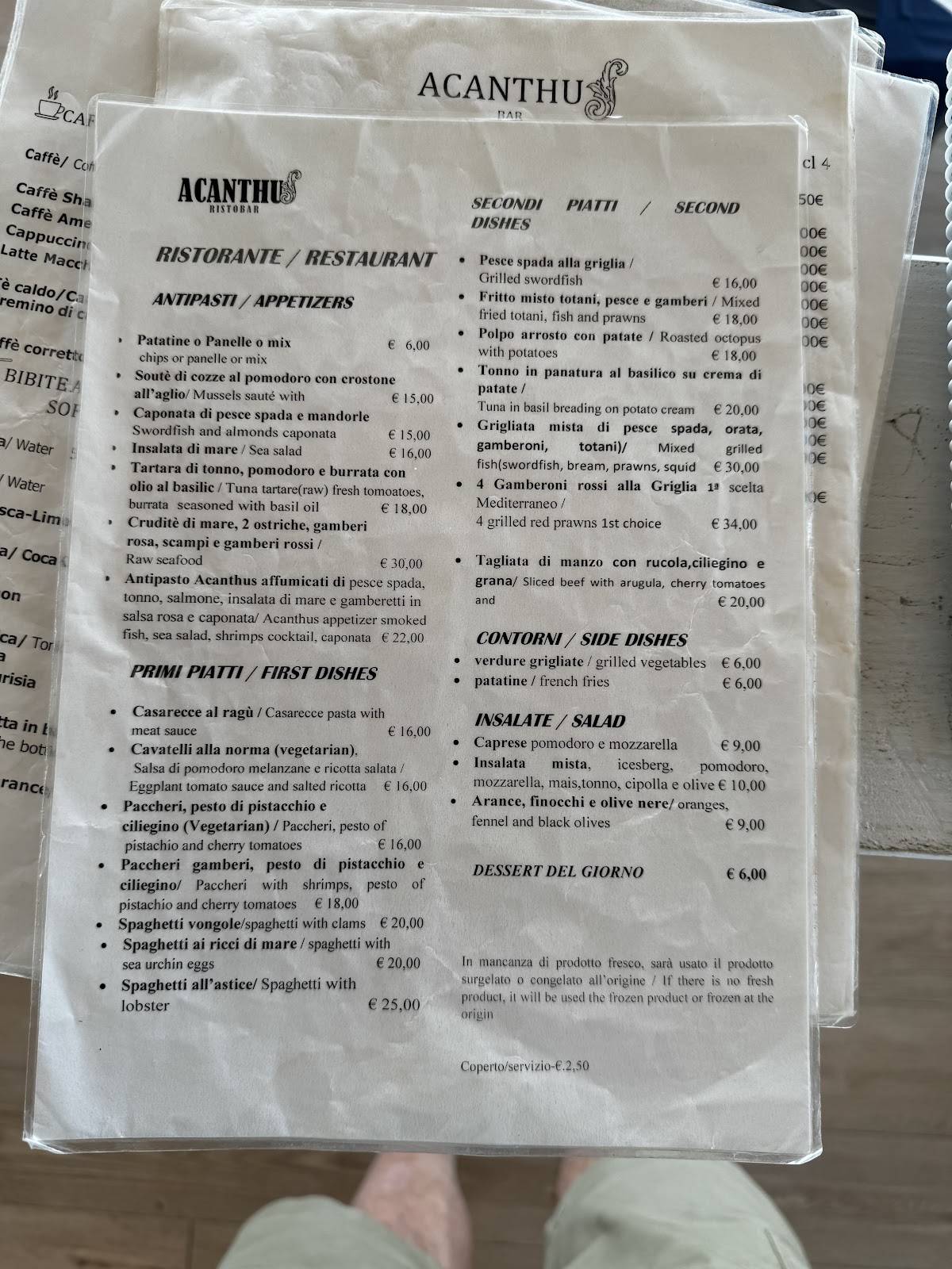 Menu di Acanthus ristobar scala dei turchi 