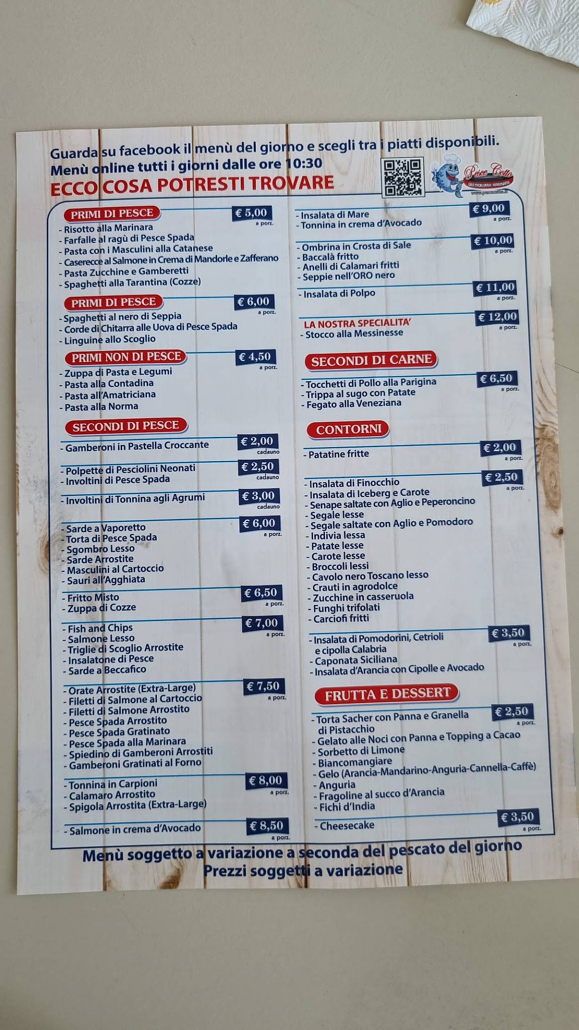 Menu di Al Pesce Cotto 