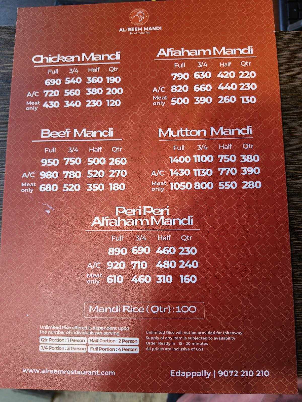 Al Reem Edappally menu