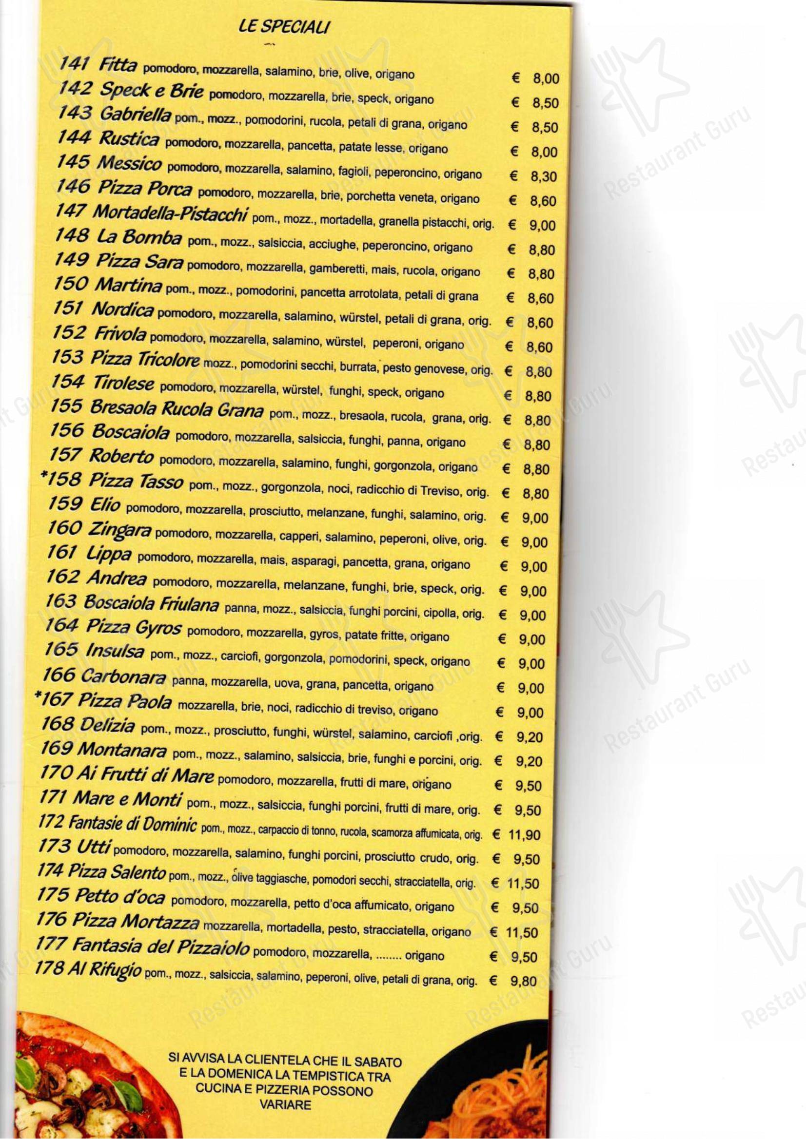 Menu per Al Rifugio ristorante