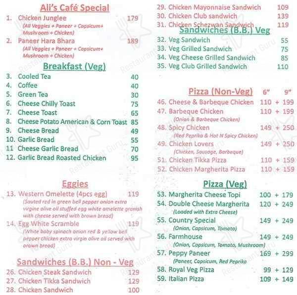 Alis Cafe menu