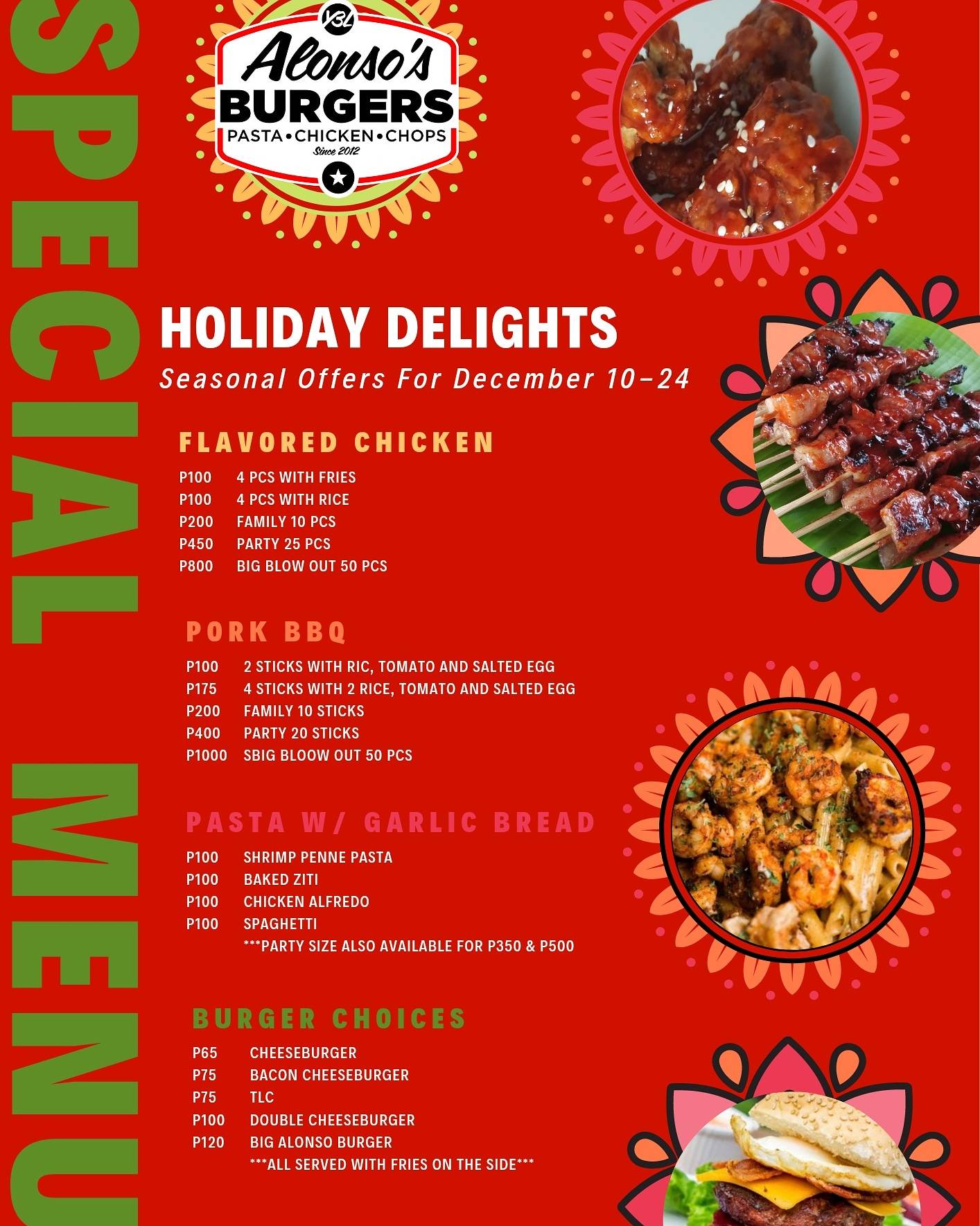 Menu at Alonso's restaurant, Calamba
