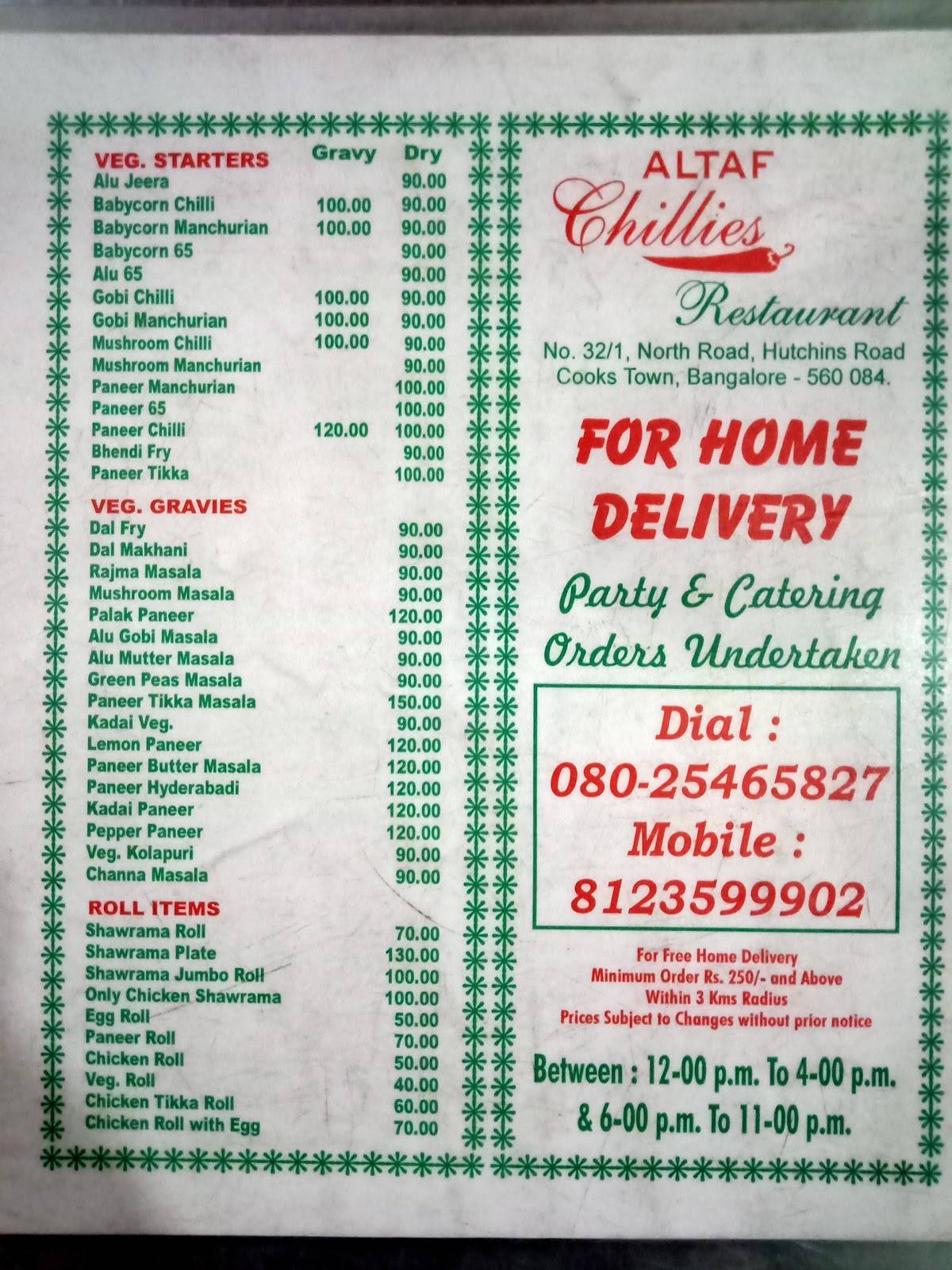 Altaf Chillies Restaurant menu