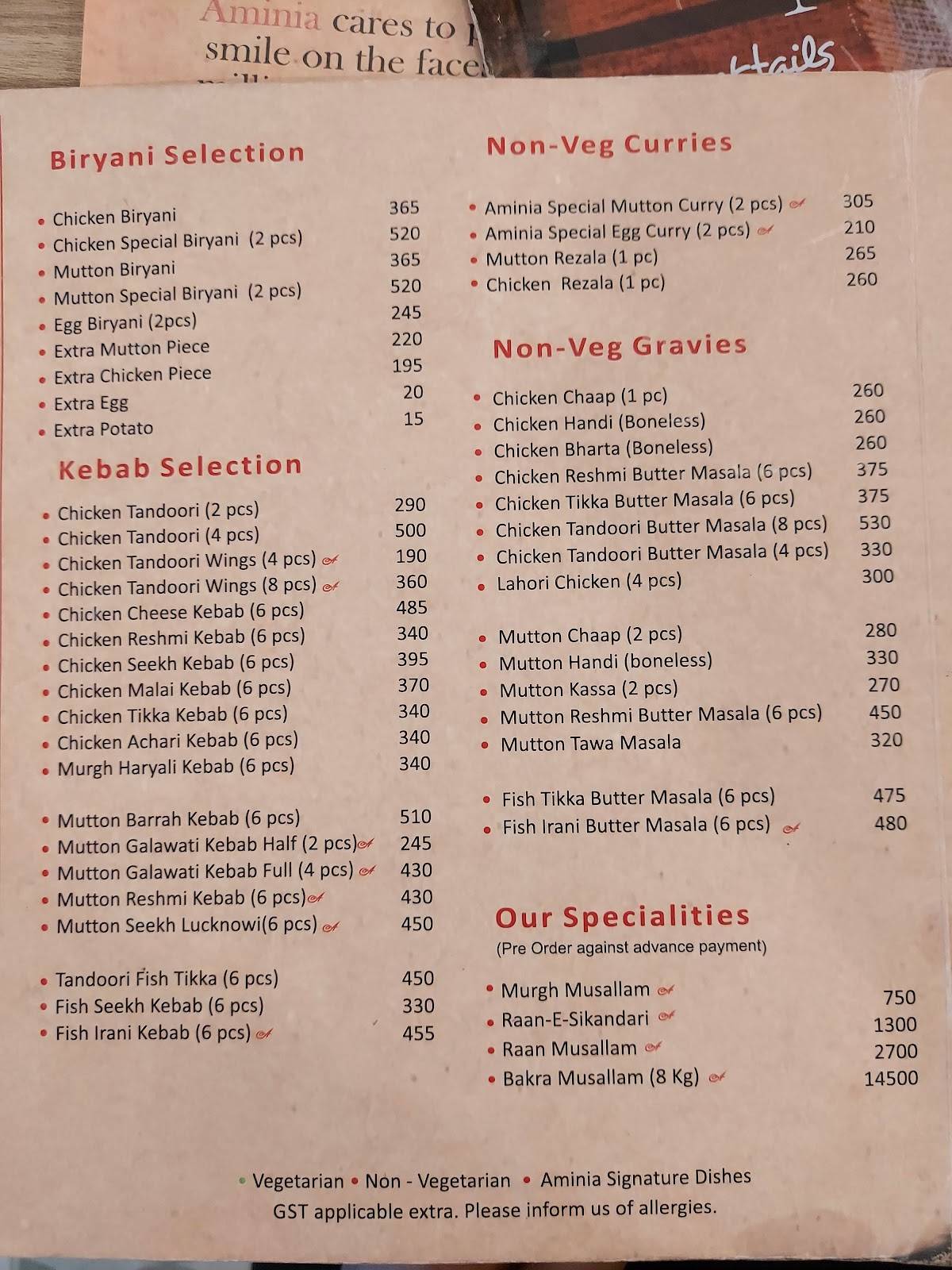 Aminia Restaurant menu