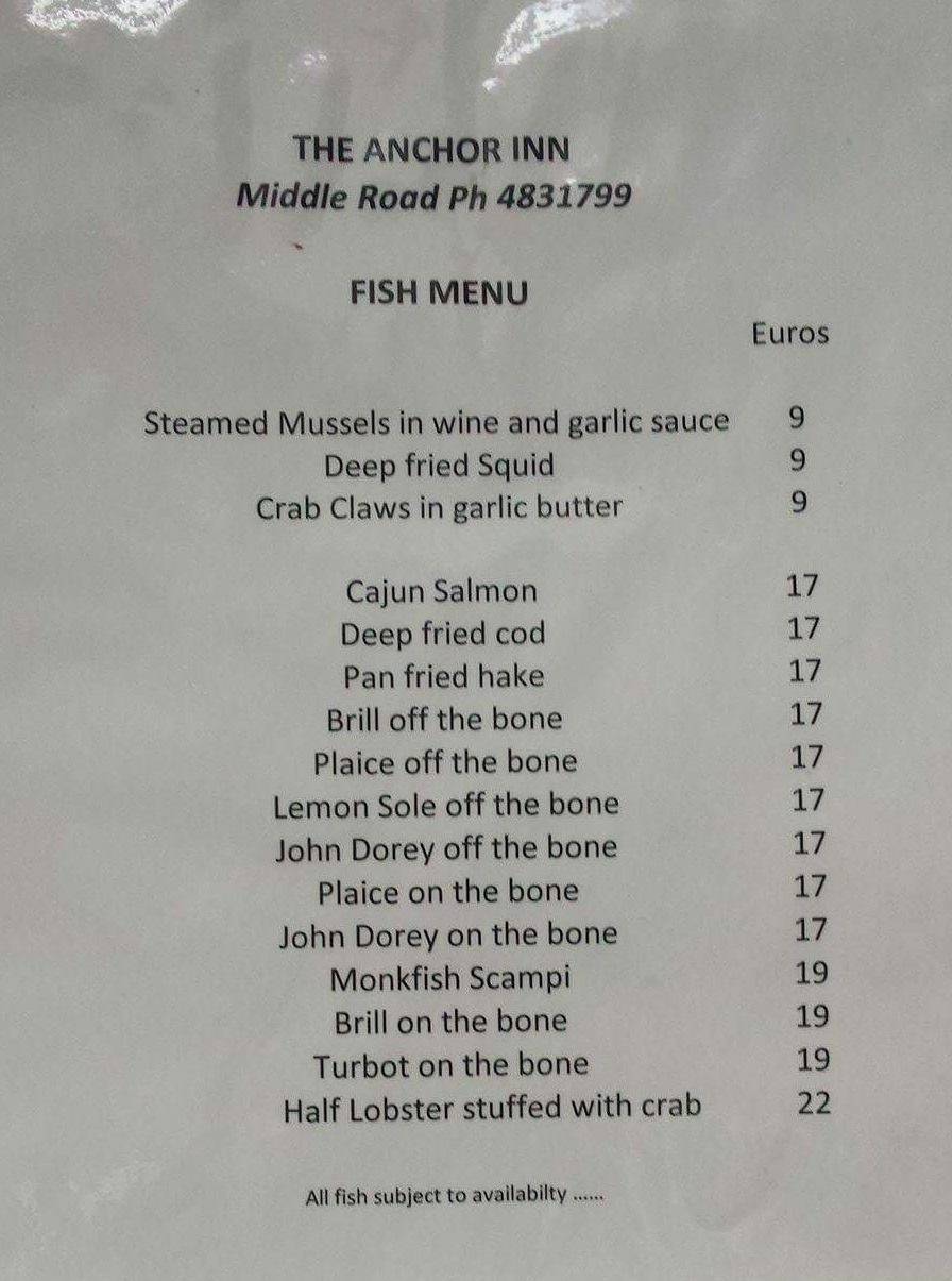Menu at Anchor Bar and Restaurant, Crosshaven, 4 Middle Rd