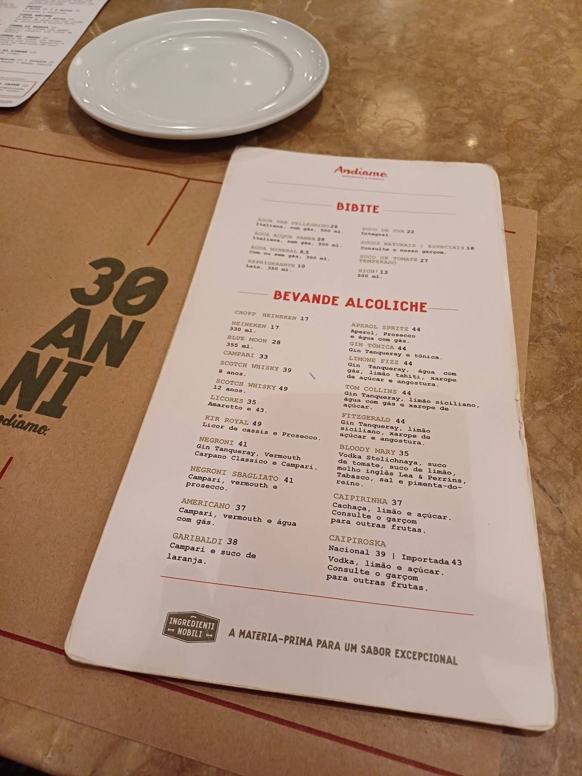 Andiamo (Shopping Pateo Paulista) cardápio