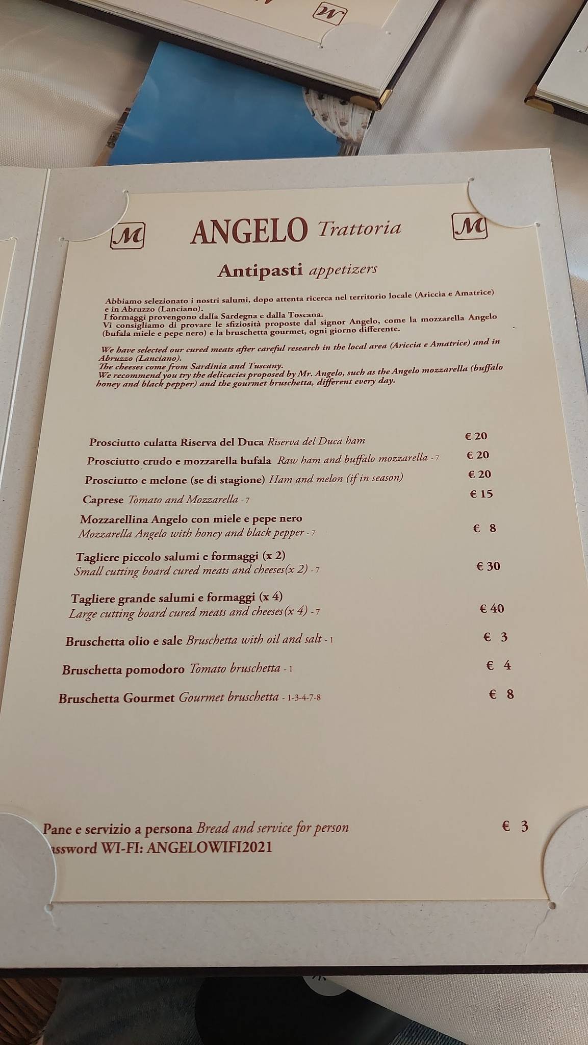 Menu di Angelo Ristorante Trattoria 