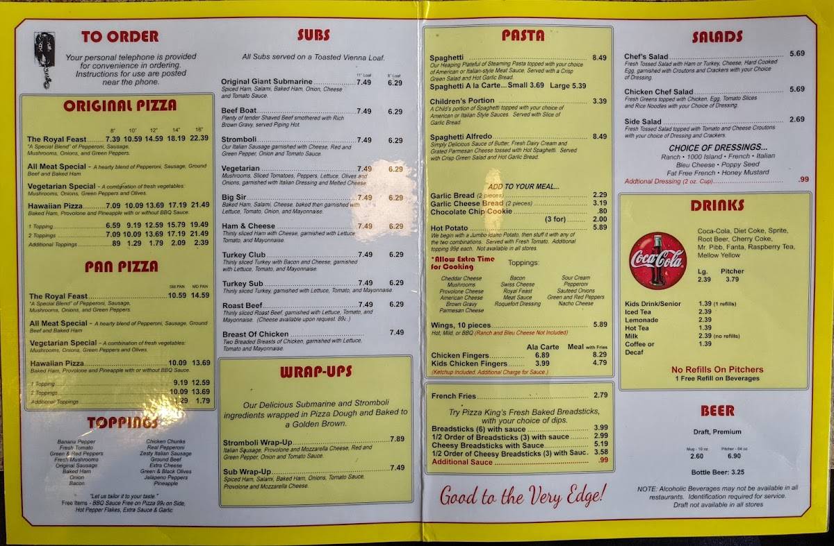 Menu at Pizza King pizzeria, Angola, N Wayne St