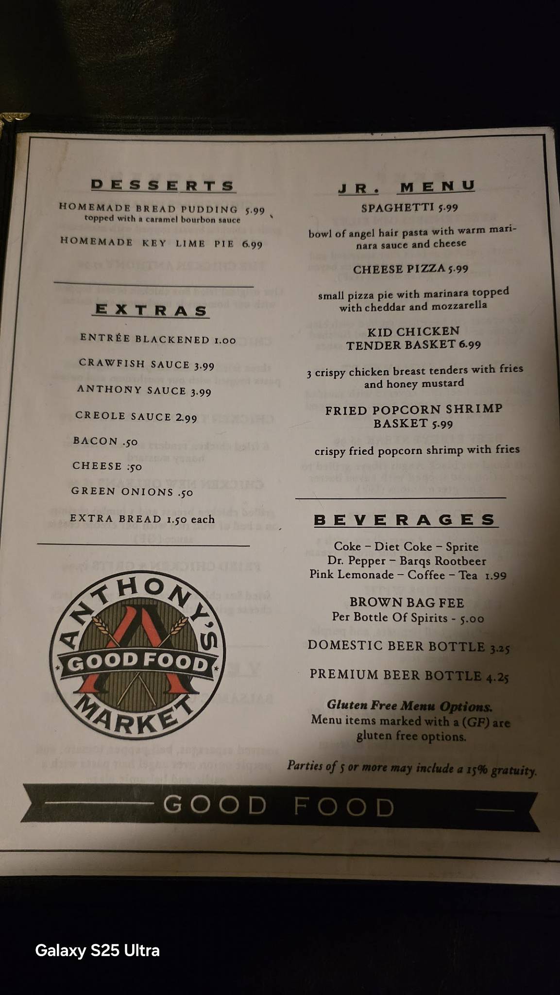 Menu at Anthony's Market steakhouse, West Point