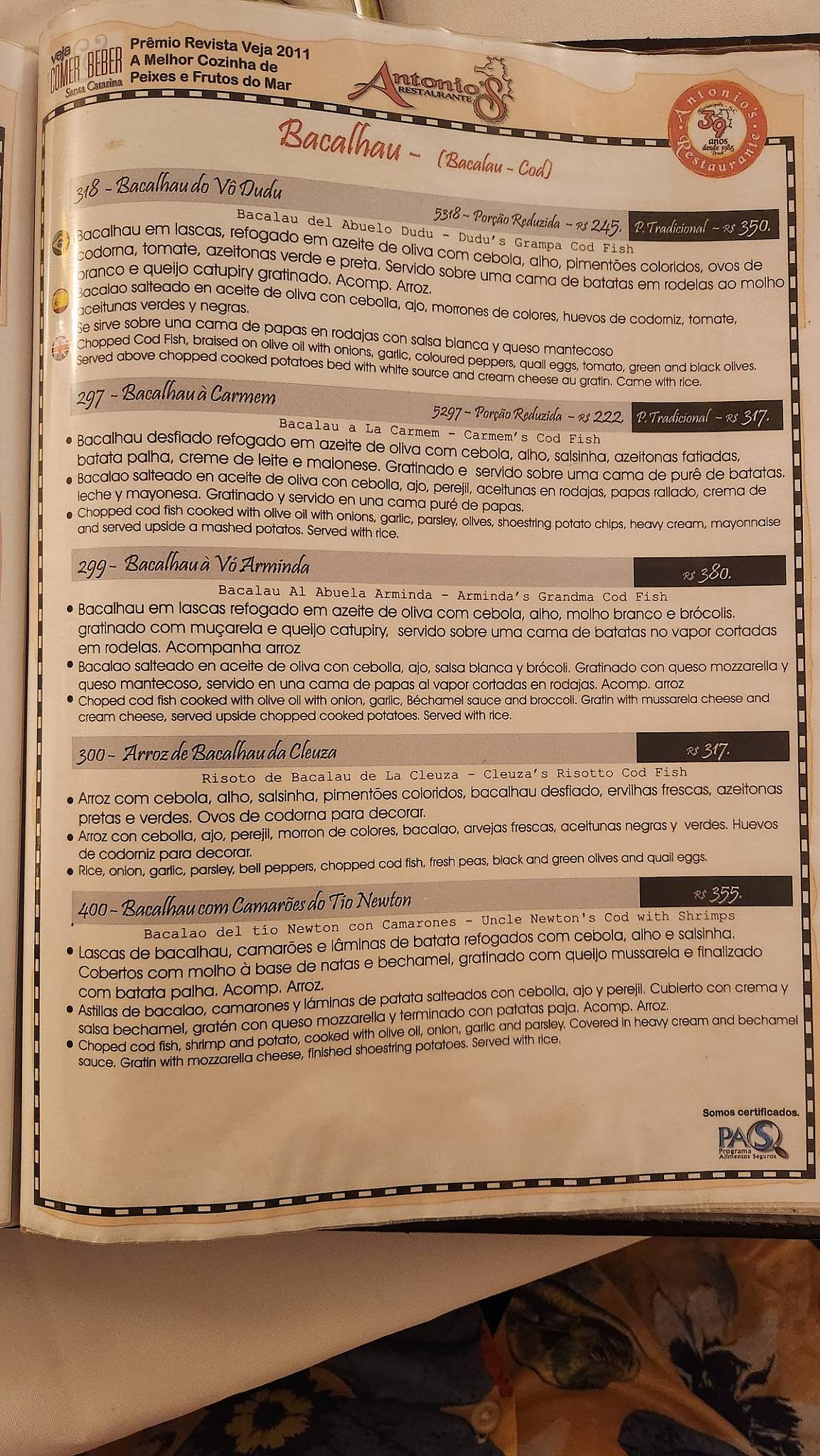 Antonio's Restaurante cardápio