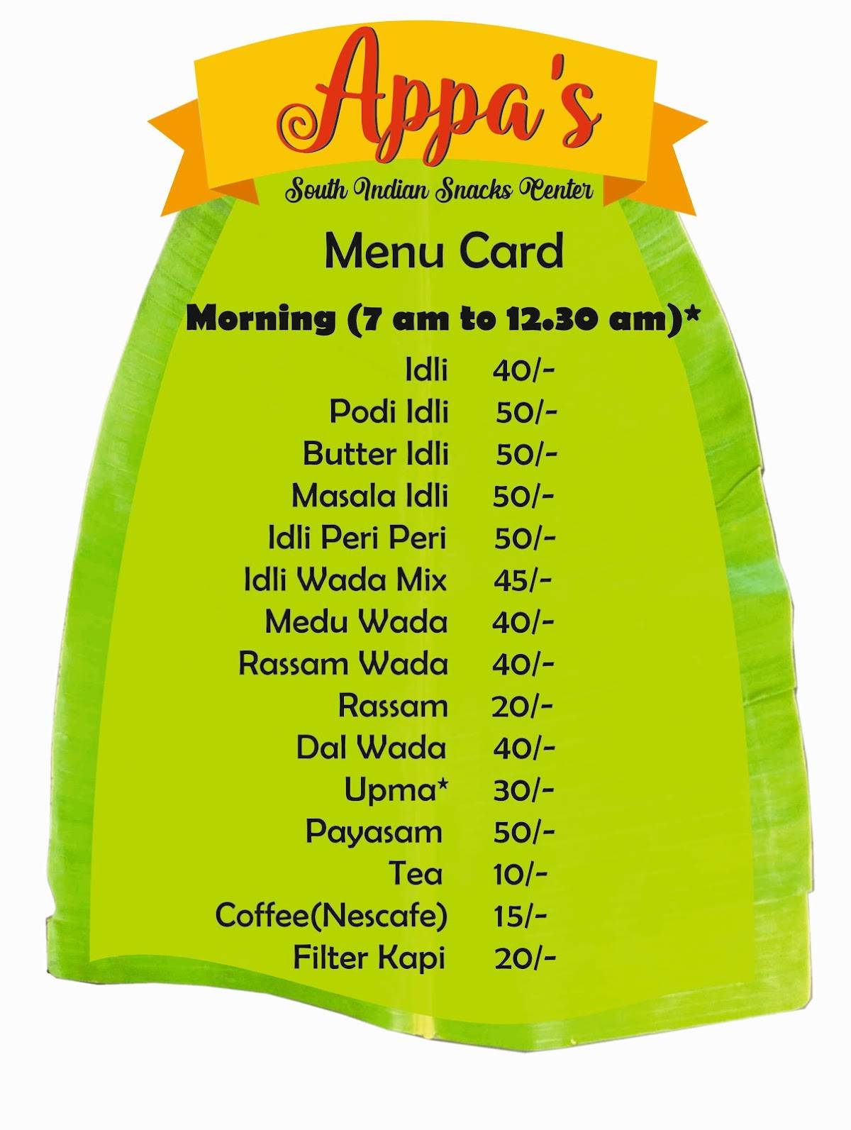 Menu at Appa's Cafe - South Indian Snacks Center, Virar