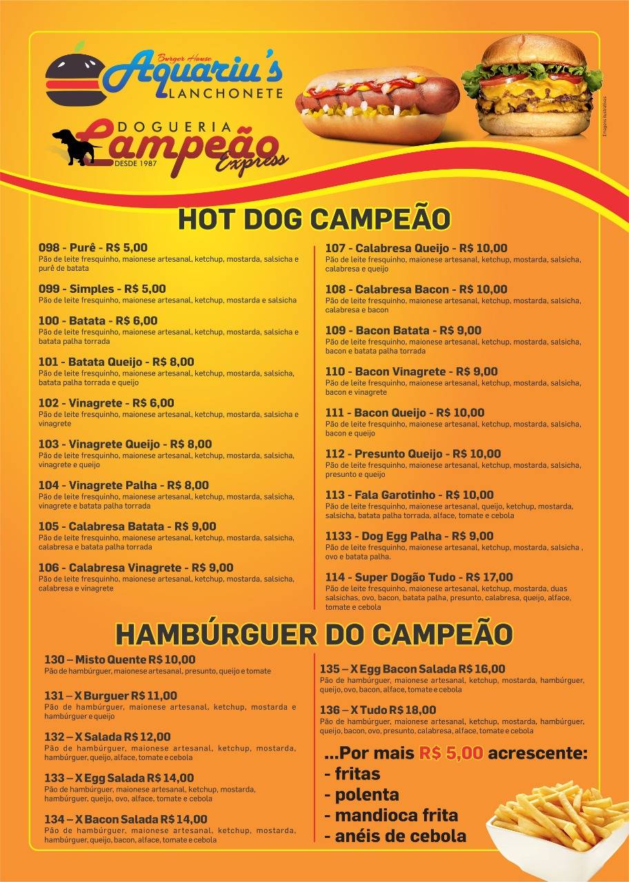 Aquariu's Burger House Dogueria Campeão cardápio