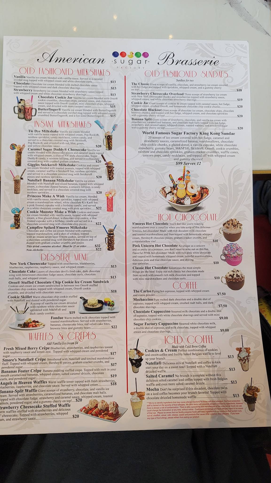 Menu at Sugar Factory Atlantic City desserts, Atlantic City