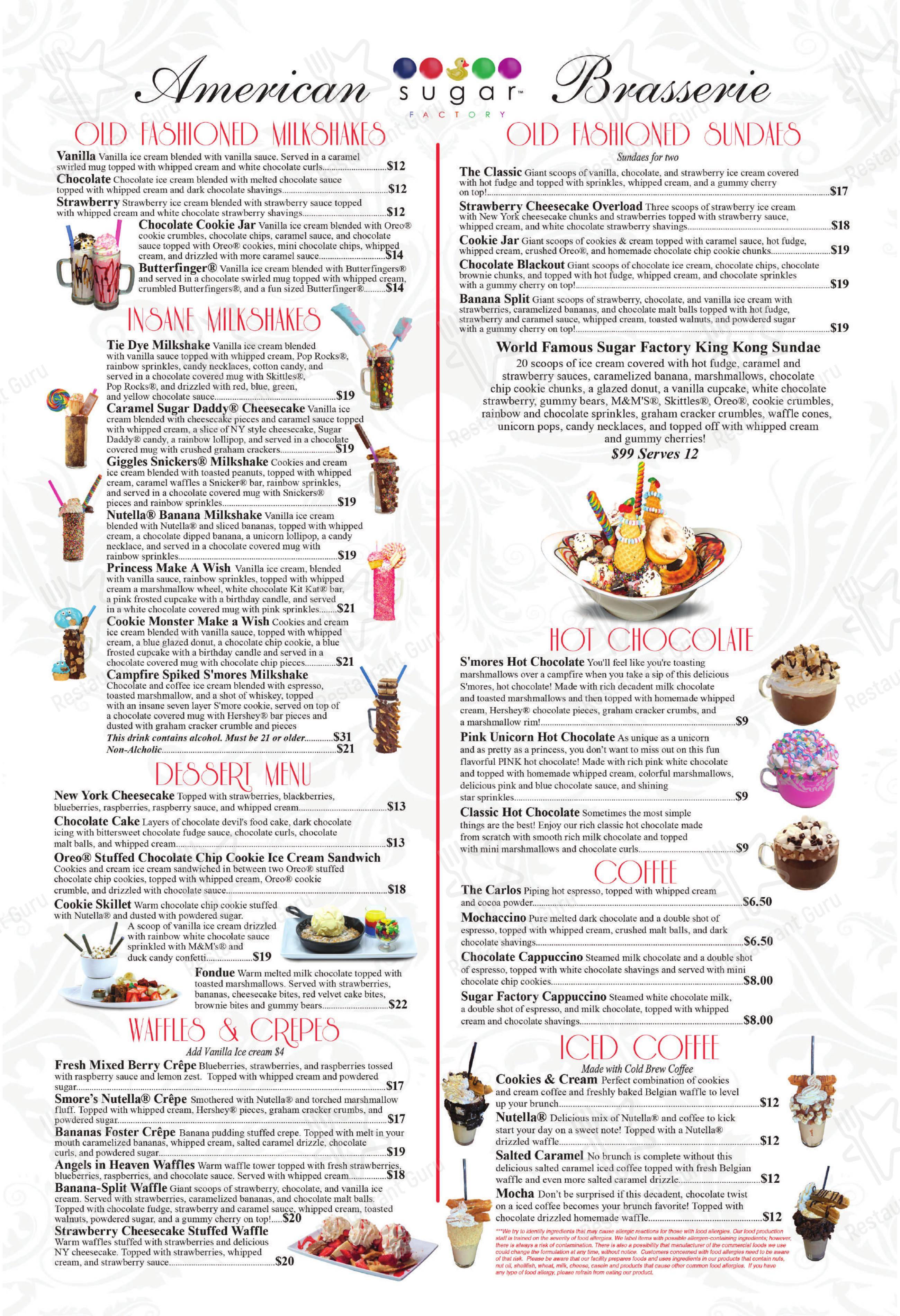 Menu at Sugar Factory Atlantic City desserts, Atlantic City