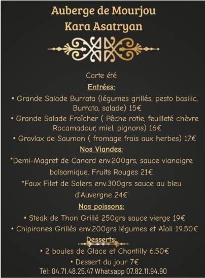 Menu de Auberge de Mourjou Nouvelle direction