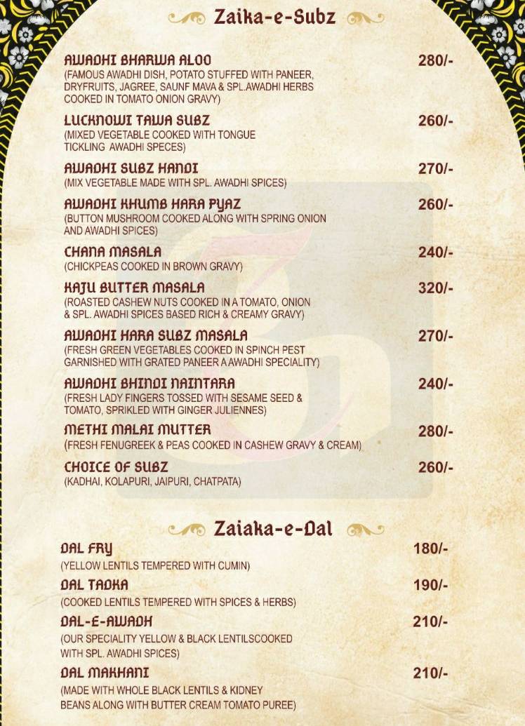 Awadhi zaika Restaurant menu