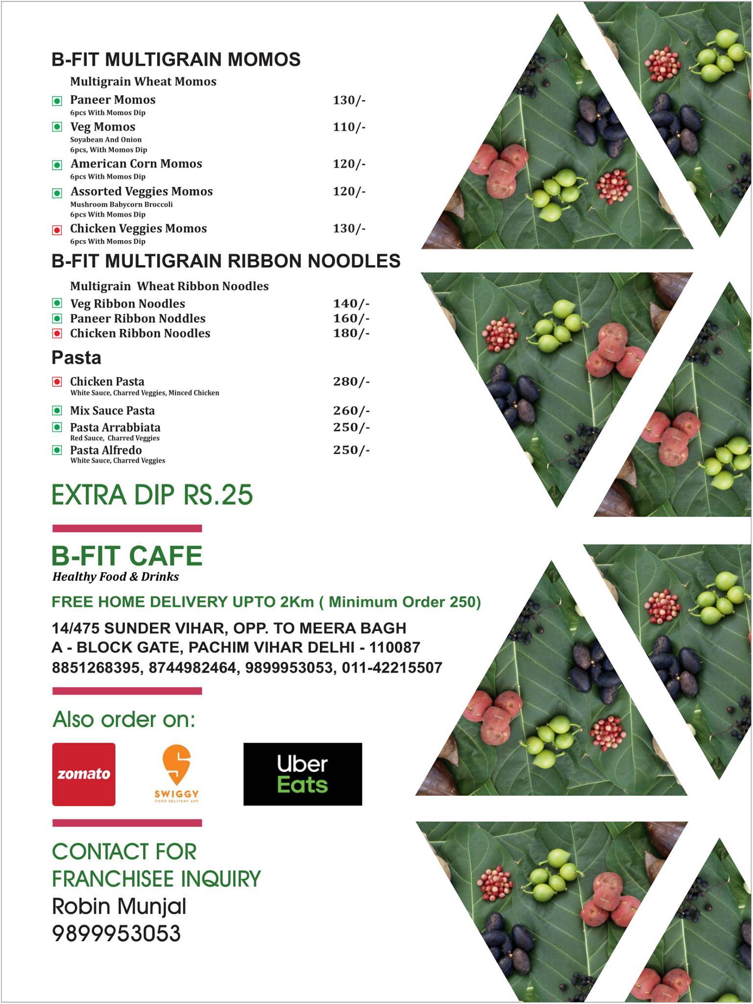 B Fit Cafe menu