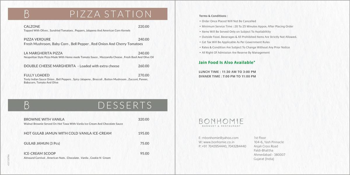BONHOMIE 2 RESTAURANT & BANQUET, PALDI-BHATTA, AHMEDABAD menu