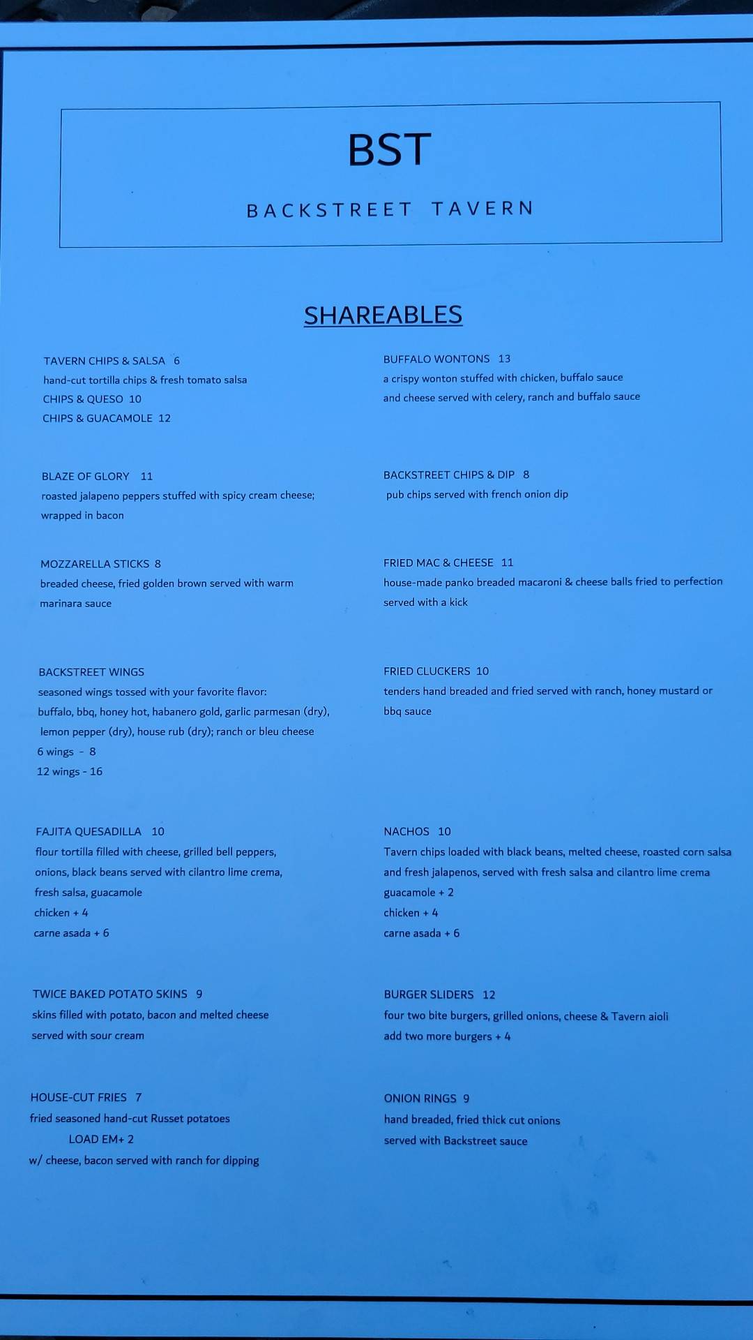 Menu at Backstreet Tavern and Grill pub & bar, Aurora, S Galena St