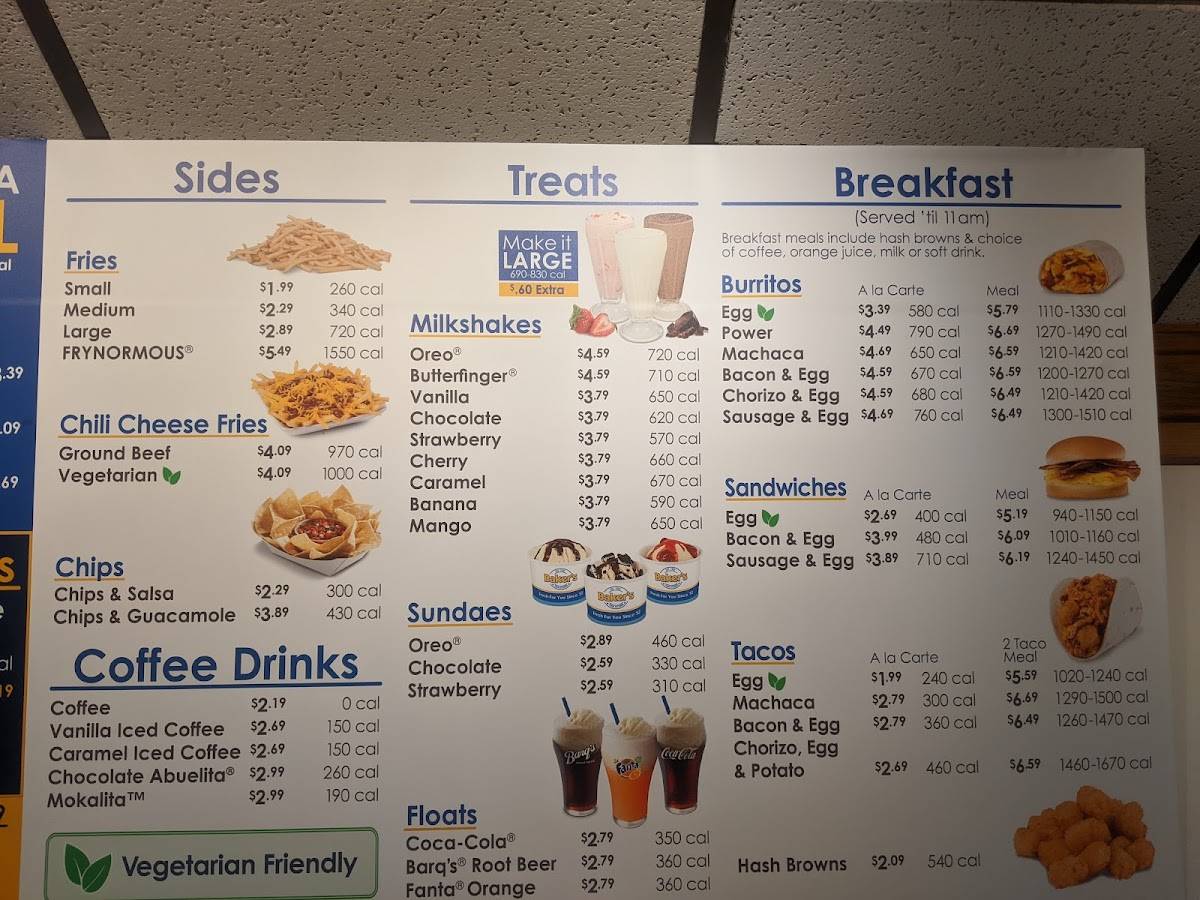 Menu at Baker's DriveThru restaurant, Yucaipa, Avenue E