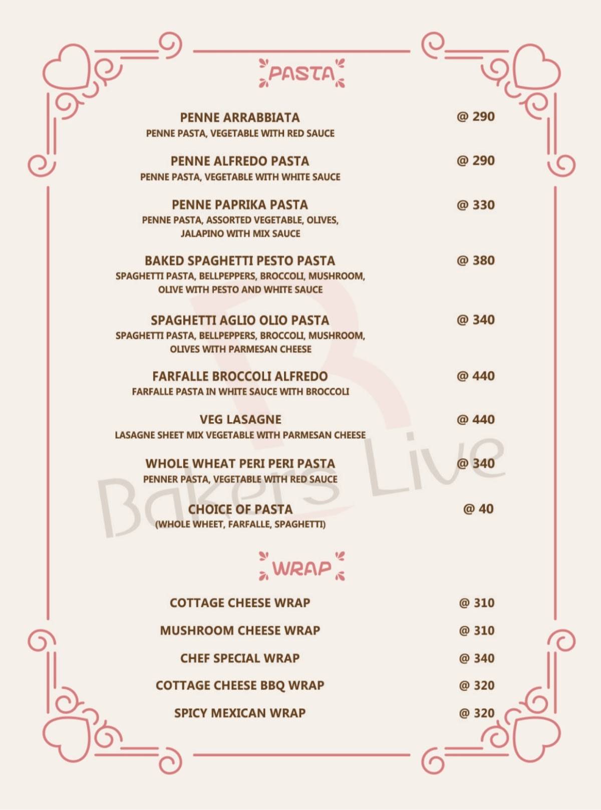 Bakers Live menu