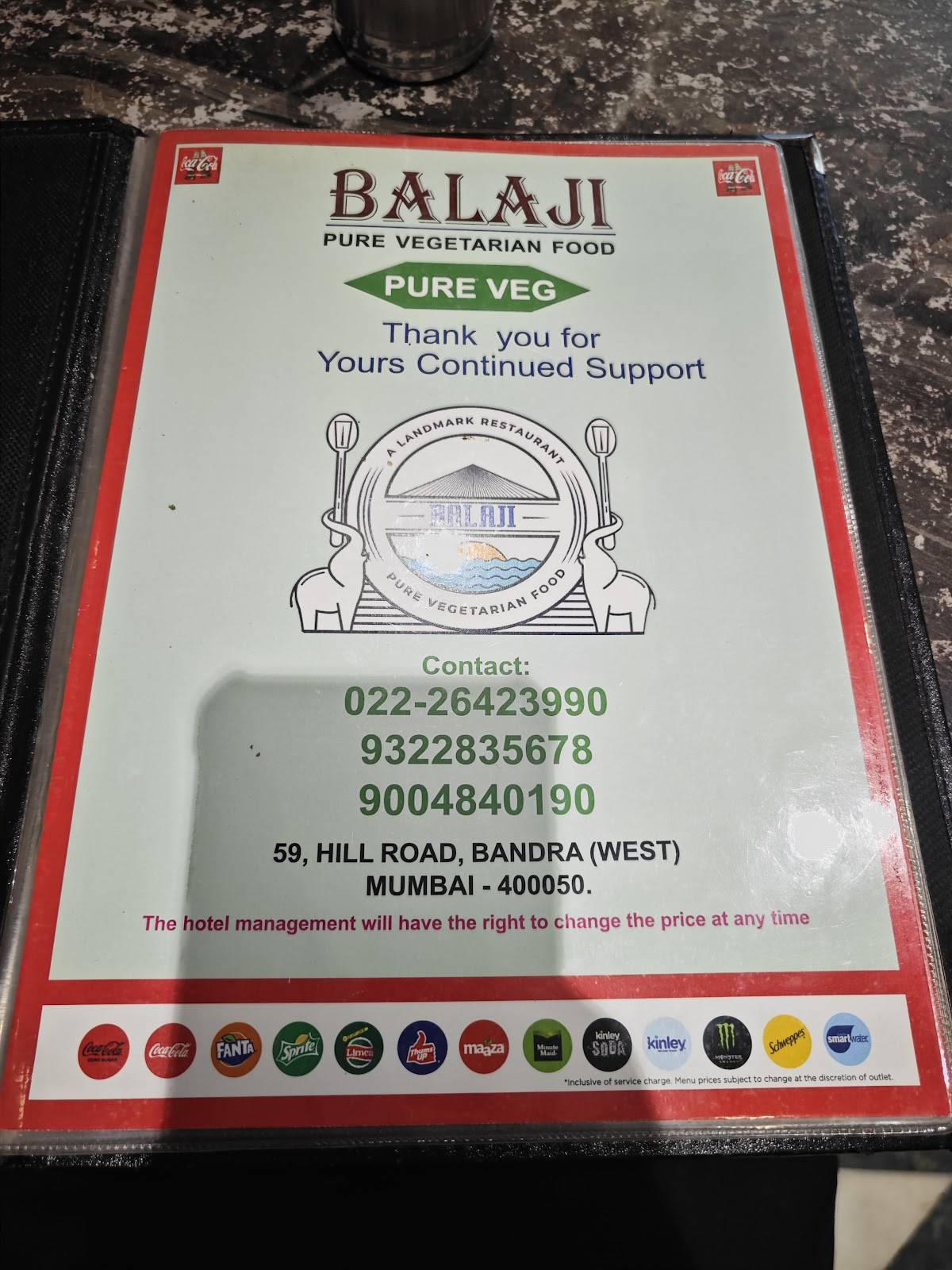 Balaji Restaurant menu