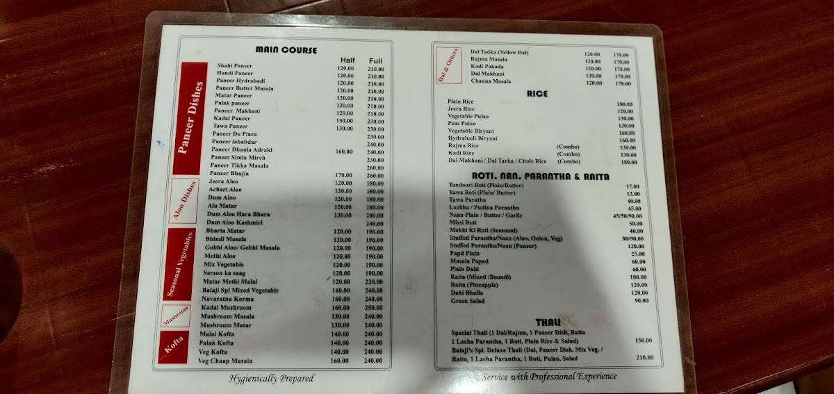 Balaji Vegetarian Paradise menu