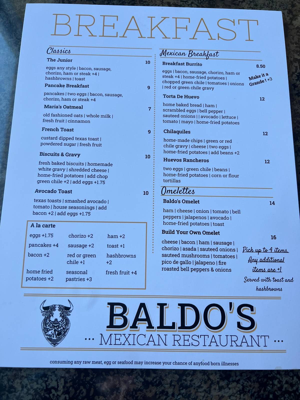 Menu at Baldos Mexican Restaurant, Monte Vista