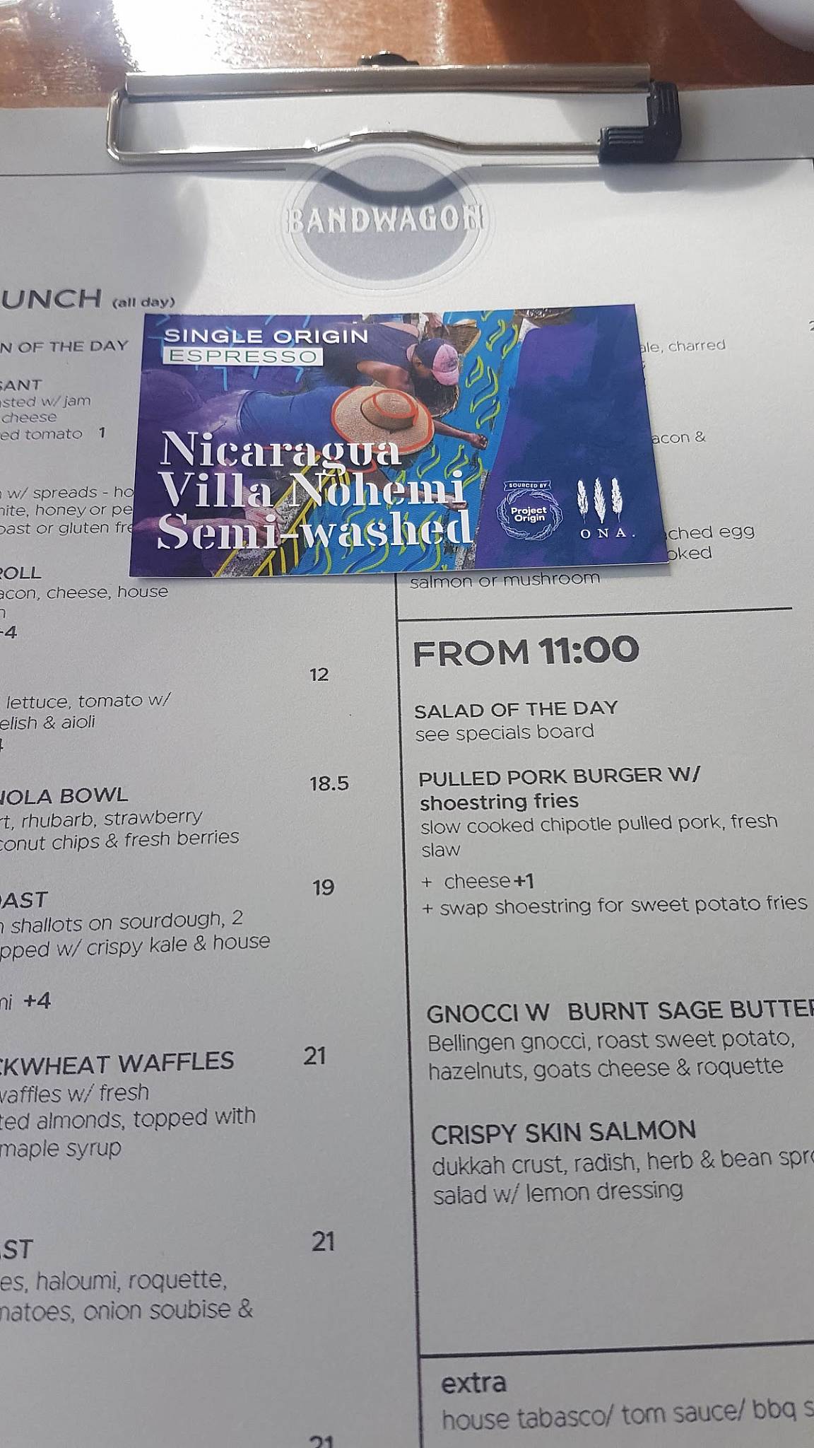 Menu at Bandwagon cafe, Port Macquarie