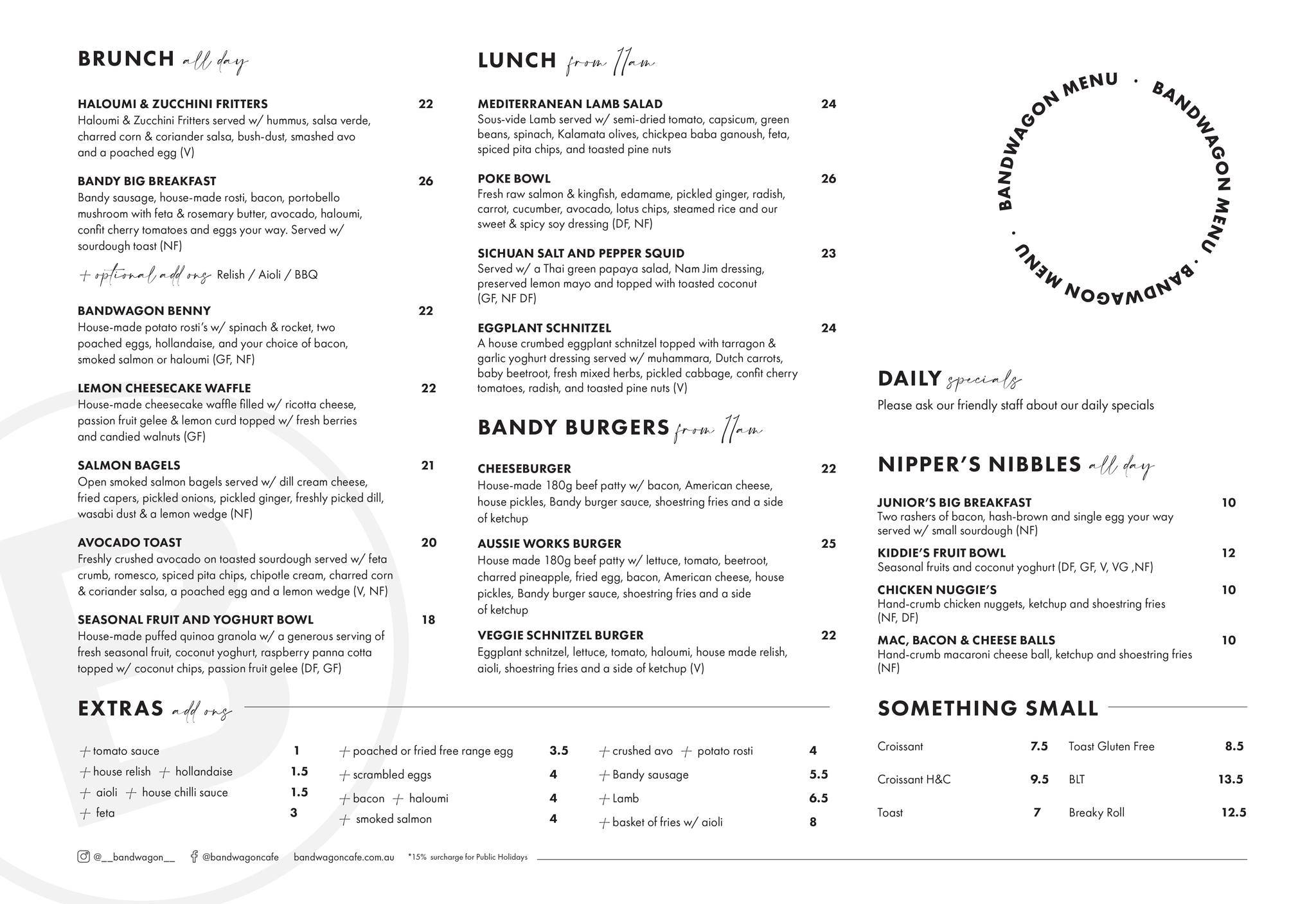 Menu at Bandwagon cafe, Port Macquarie