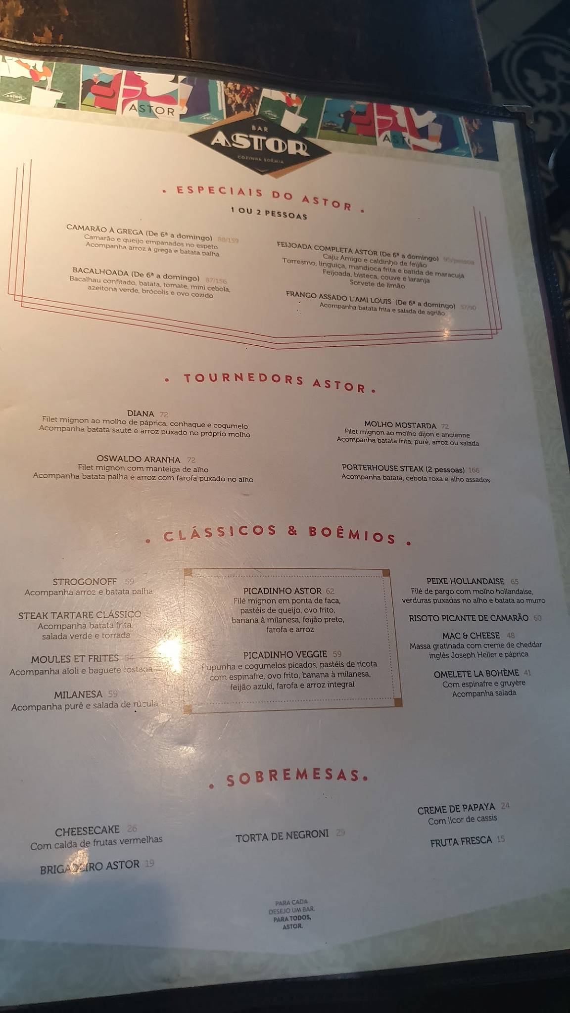 Bar Astor Ipanema cardápio