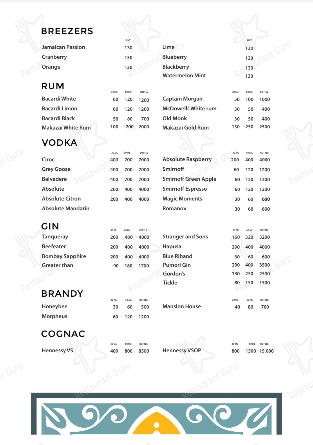 Bar De Goa menu - meals and drinks
