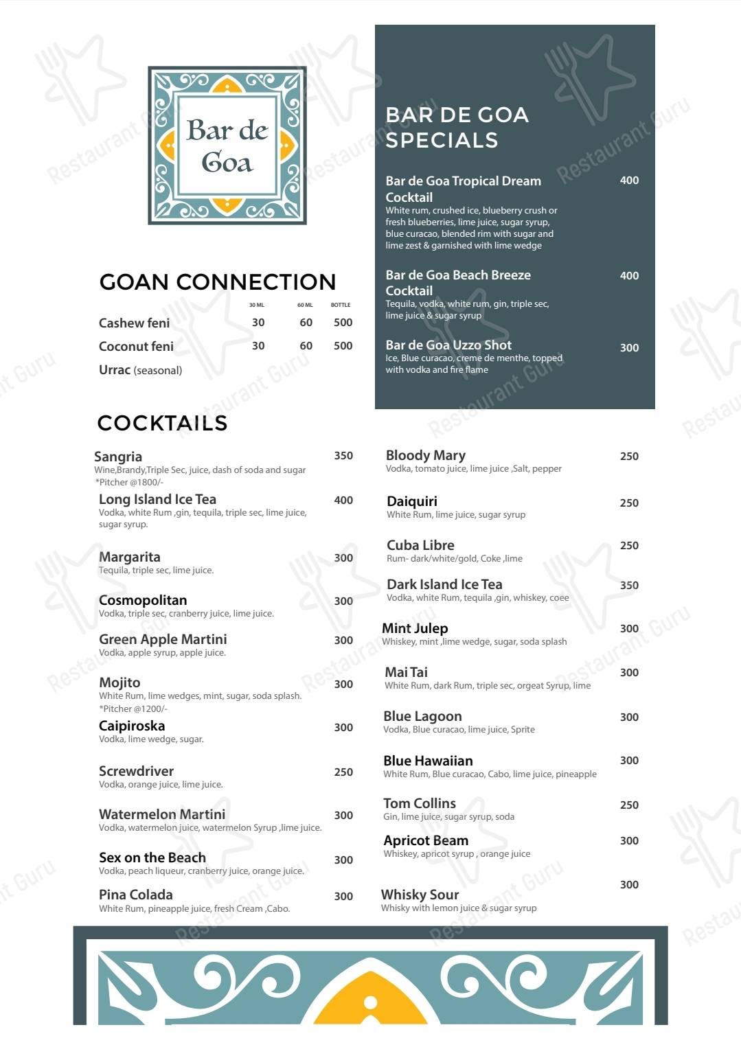 Bar De Goa menu