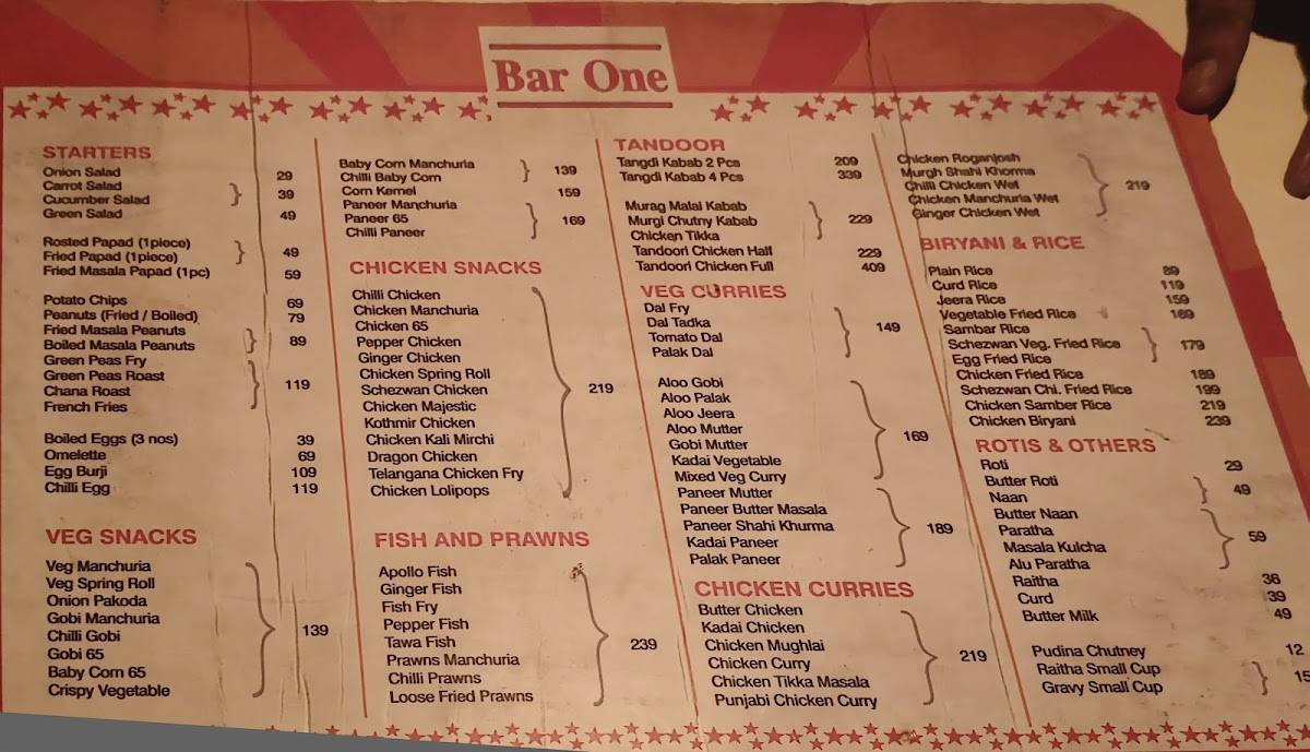 Bar One menu