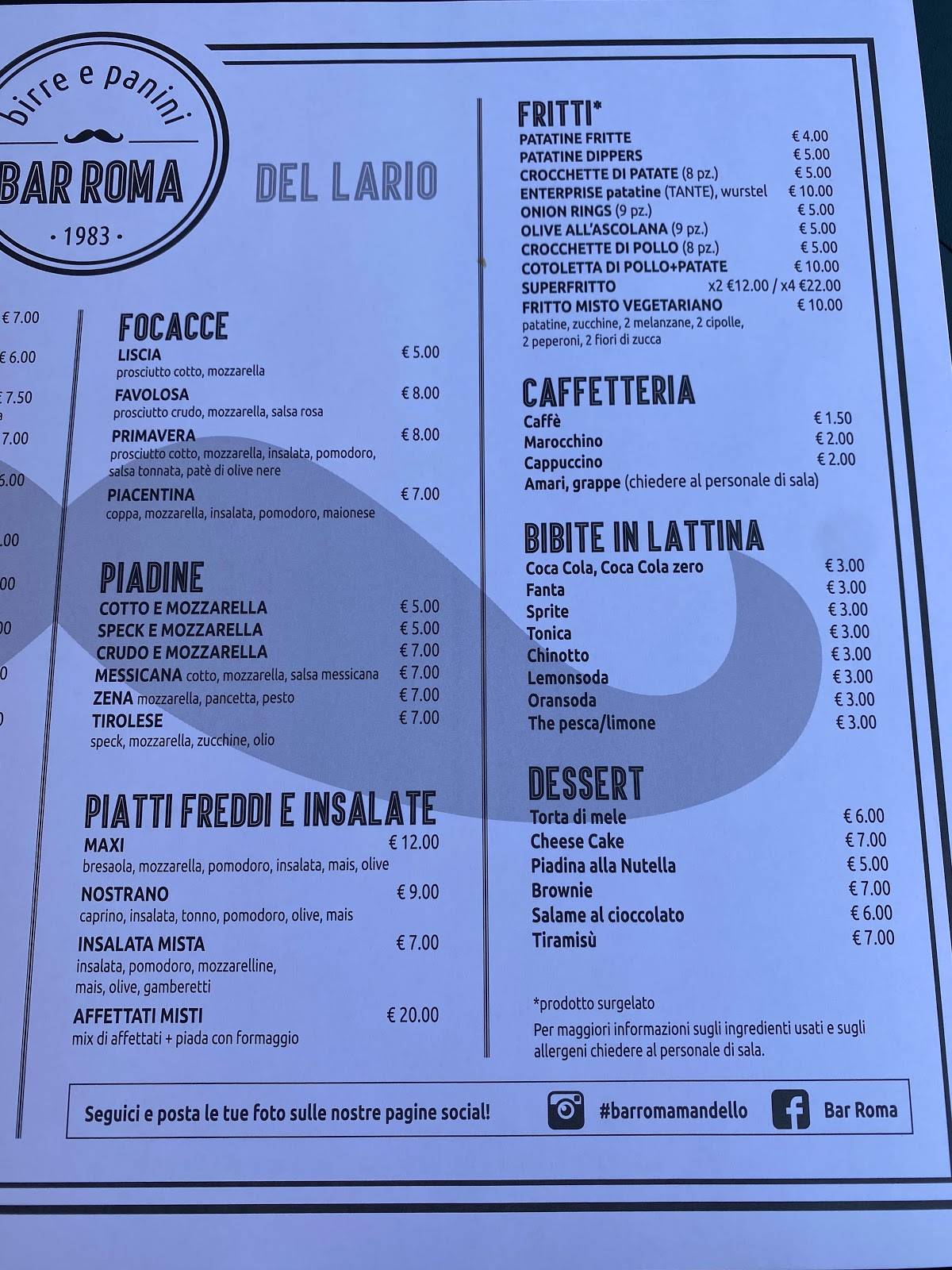 Menu di Bar Roma srl 