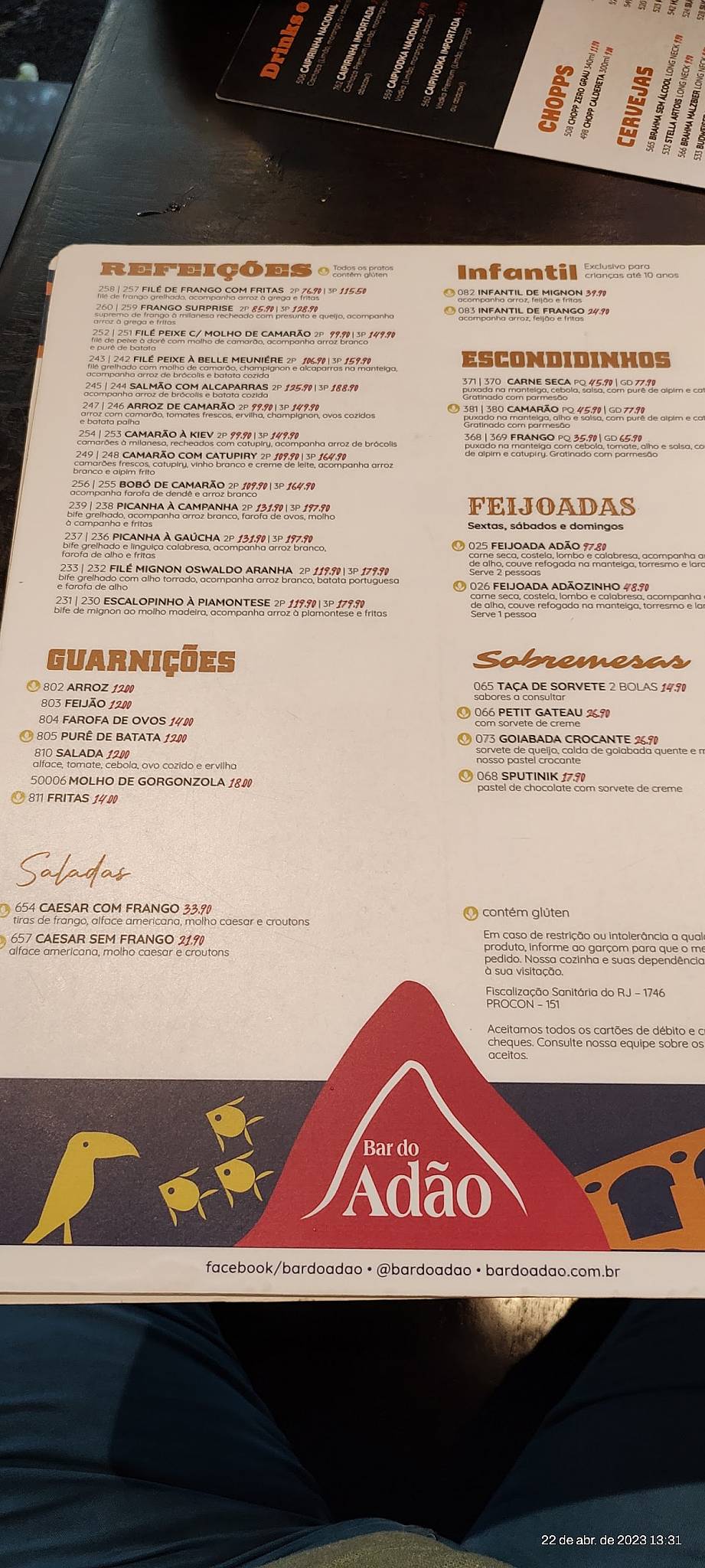 Bar do Adão cardápio