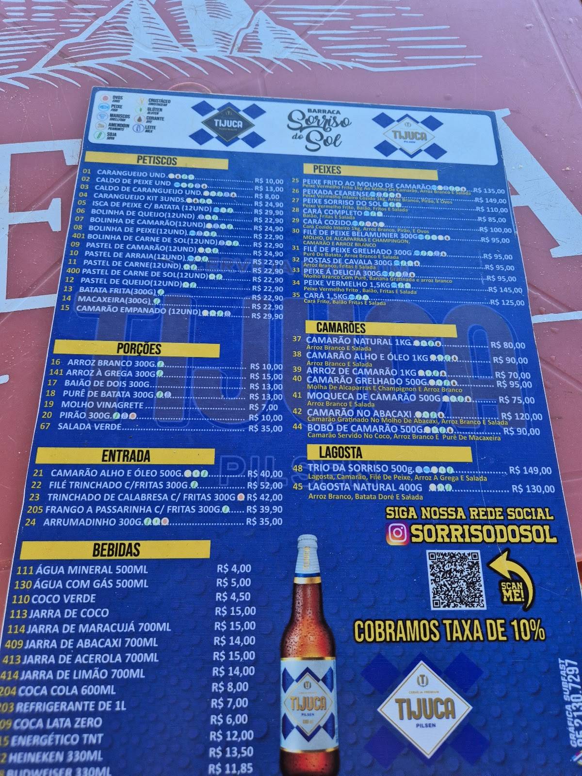 Barraca Sorriso do Sol cardápio