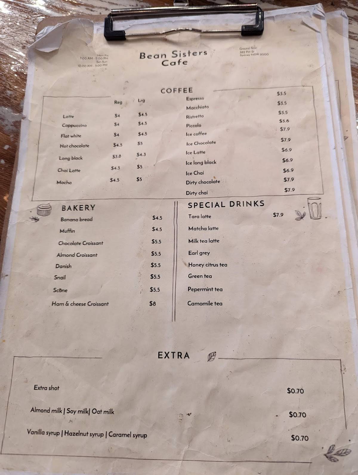 Menu at Bean Sisters Cafe, Sydney