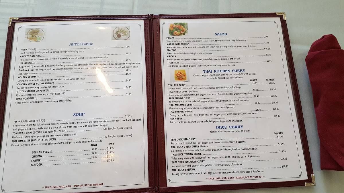 Menu at Beau Thai Restaurant, Evergreen