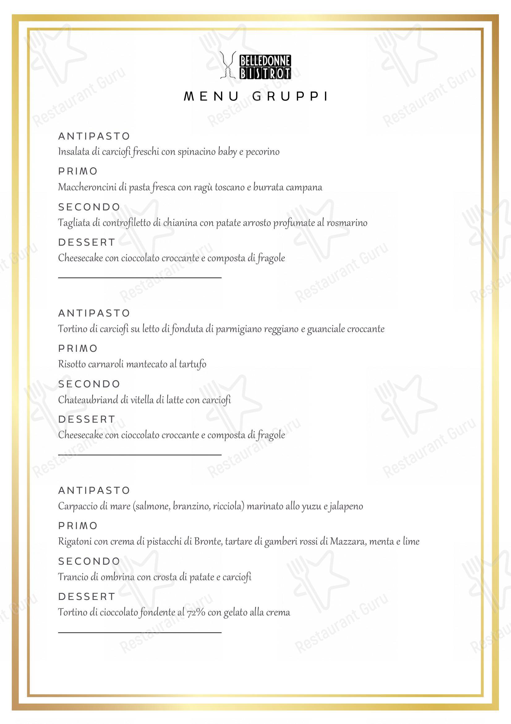 Menu at Belle Donne Bistrot restaurant, Milan, Via Tortona