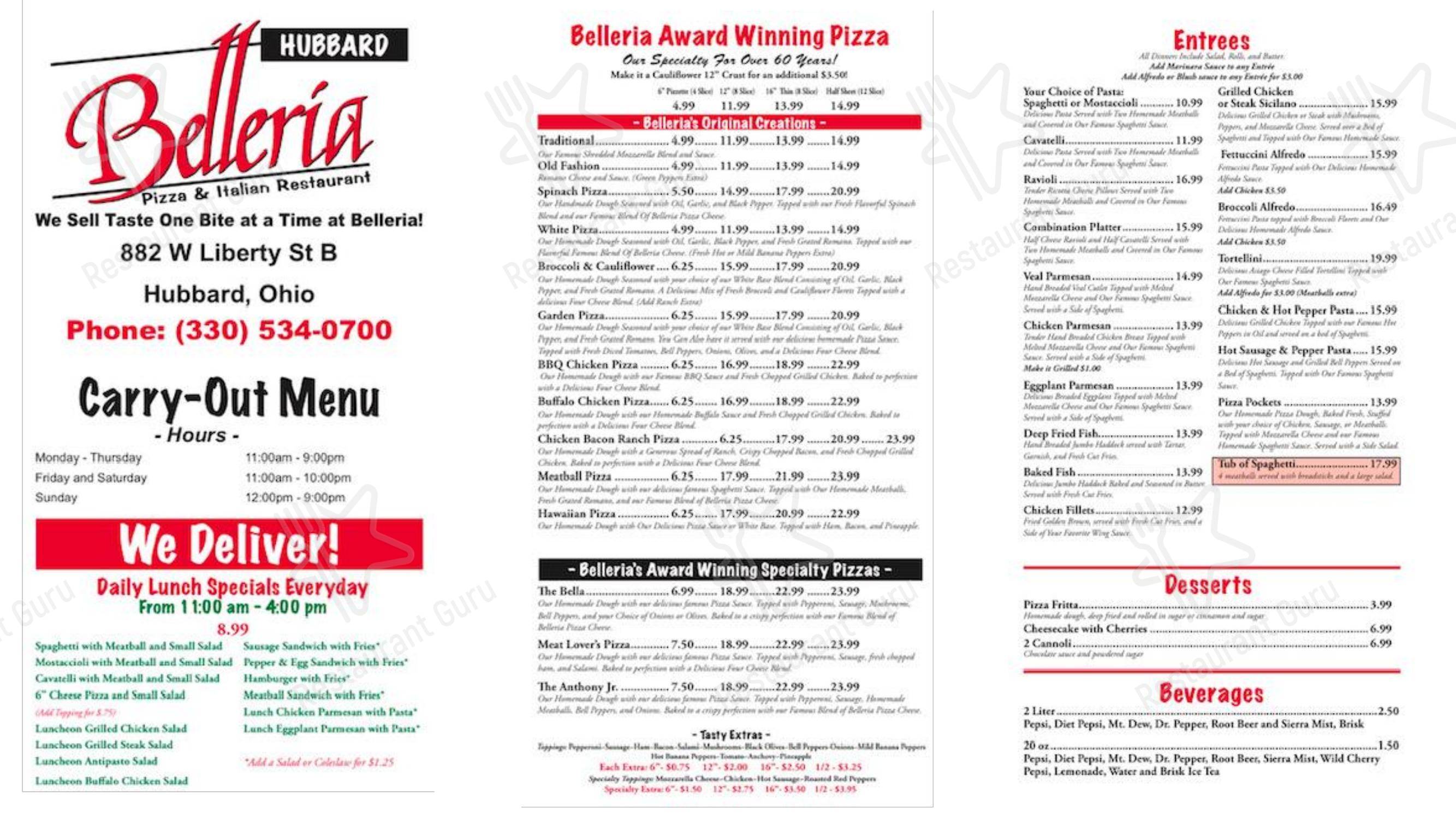Menu at Belleria Pizza & Italian Restaurant Hubbard, Hubbard, 882 W